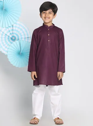 Boys' Purple And White Kurta Pyjama Set 