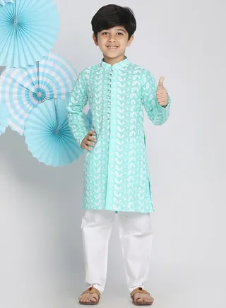 Boys' Green And White Kurta Pyjama Set 