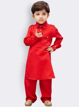 Boys' Red Cotton Pathani Kurta Set 