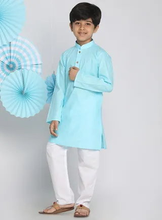 Boys' Aqua And White Kurta Pyjama Set 