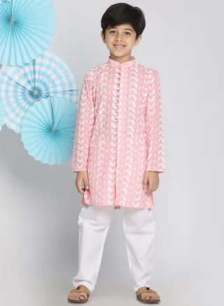 Boys' Pink And White Kurta Pyjama Set 