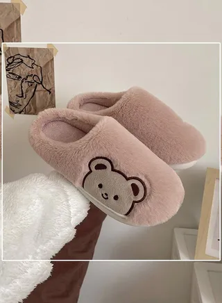 Lovely Bear Design Female Cotton Slippers Autumn And Winter Home Indoor Non-Slip Thick Comfot Soft Bottom Warm Bedroom Slippers for Women Pink 