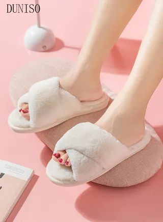 Women's Fuzzy Slippers with Two Cross Band Comfy Plush House Slippers for Indoor Outdoor Fluffy Open Toe Warm Breathable Anti-skid Sole Gift Slippers for Women and Girls 