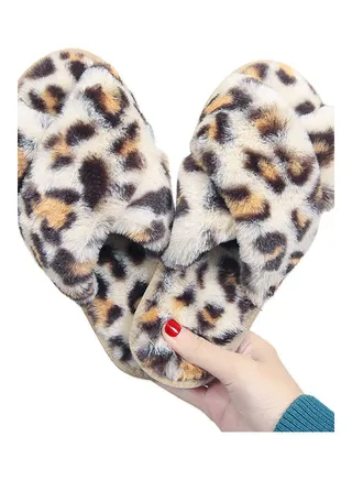 Women Leopard Cross Band Soft Plush Fluffy Warm Bedroom Slippers White/Brown/Black 