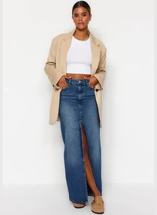 Blue Slit Maxi Denim Skirt TWOAW24ET00058