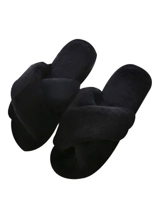 Faux Fur Open Toe Cross Band Flat Slippers Black 