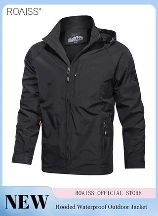 Men's Casual Waterproof Jacket Zipper Closure Hood Windproof Coat Pockets at Sides and Chest 
