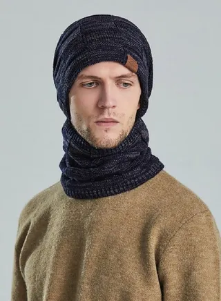 2pcs Women Mens Winter Beanie Hats Scarf Set Warm Knit Hats Skull Cap Neck Warmer with Thick Fleece Lined Winter Outdoor Sports Hat Sets Navy Blue 