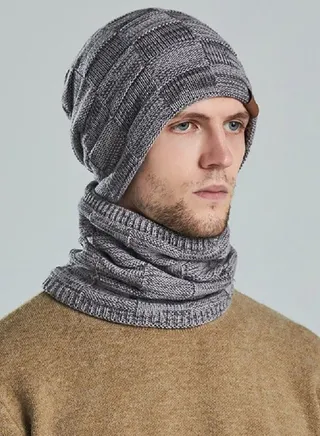 2pcs Mens Winter Beanie Hats Scarf Set Warm Knit Hats Skull Cap Neck Warmer with Thick Fleece Lined Winter Outdoor Sports Hat Sets Grey 