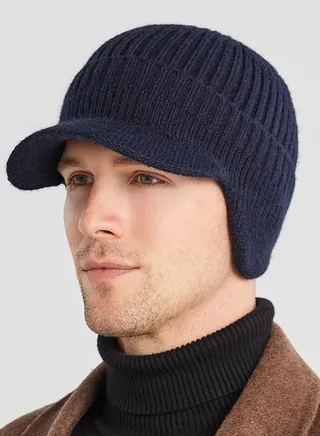 Men's Winter Visor Beanie Hat with Earflaps Knit Baseball Cap with Brim Ski Hat Warm Fleece Lined Hunting Hat Navy Blue 