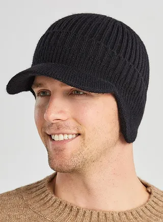 Men's Winter Visor Beanie Hat with Earflaps Knit Baseball Cap with Brim Ski Hat Warm Fleece Lined Hunting Hat Black 