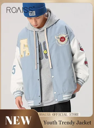 Men Baseball Jacket Spring Autumn Uniform Jackets Fashion Oversized Graphic Striped Trim Drop Shoulder Corduroy Varsity Jacket Preppy Striped Stand Collar Jacket 