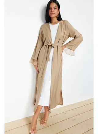 Mink Belted Tulle Detailed Woven Cap & Abaya TCTSS24KF00010 