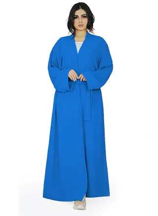 Solid Open Front Abaya With Matching Belt - Blue 