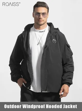 Men's Outdoor Windproof Hooded Jacket Multi Pocket Detachable Hat Coat Zipper Closure Waterproof Sports Jacket 