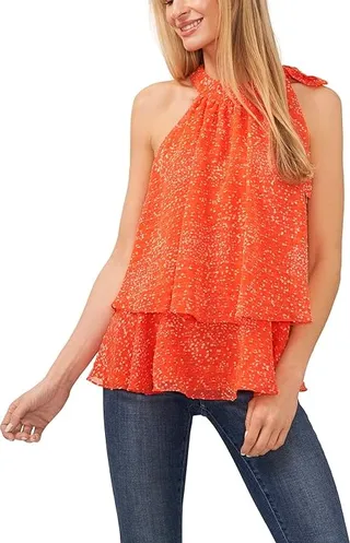 CeCe Tie Neck Halter Double Layer Blouse (Tigerlily) Women's Clothing