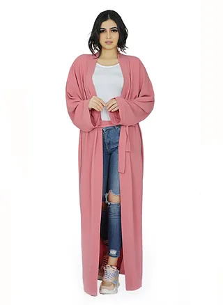 Solid Open Front Abaya With Matching Belt - Pink 