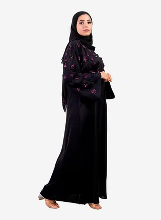 Silk abaya, black burgundy laser rose 