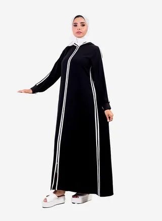 Black crepe abaya with white stripes on the front and sides 