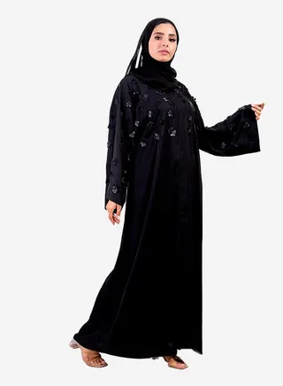 Black laser flower silk abaya 