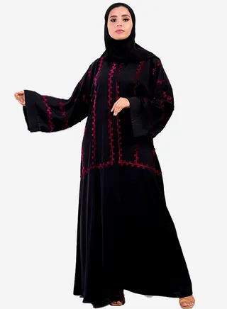 Black silk abaya with burgundy colored lines and circles 