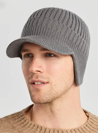 Men's Winter Visor Beanie Hat with Earflaps Knit Baseball Cap with Brim Ski Hat Warm Fleece Lined Hunting Hat Grey 