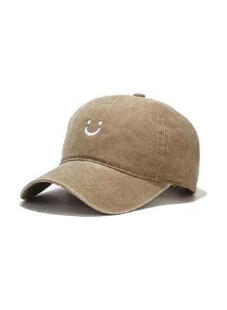 Smiley Face Cotton Baseball Cap Adjustable Low Profile Unstructured Dad Hat for Women Men Versatile Washed with Ponytail Hole High Messy Bun Ponycap 