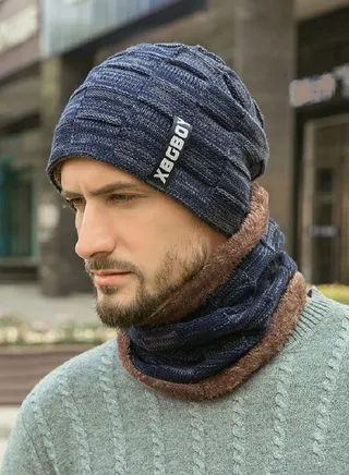 2pcs Mens Winter Beanie Hats Scarf Set Warm Knit Skull Cap Neck Warmer with Thick Fleece Lined Outdoor Sports Hat Sets Navy 