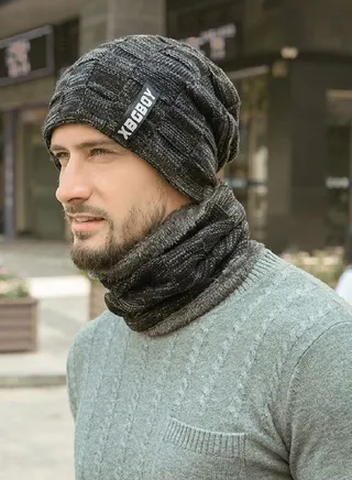 2pcs Mens Winter Beanie Hats Scarf Set Warm Knit Skull Cap Neck Warmer with Thick Fleece Lined Outdoor Sports Hat Sets Black 