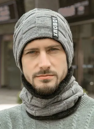 2pcs Mens Winter Beanie Hats Scarf Set Warm Knit Skull Cap Neck Warmer with Thick Fleece Lined Outdoor Sports Hat Sets Grey 