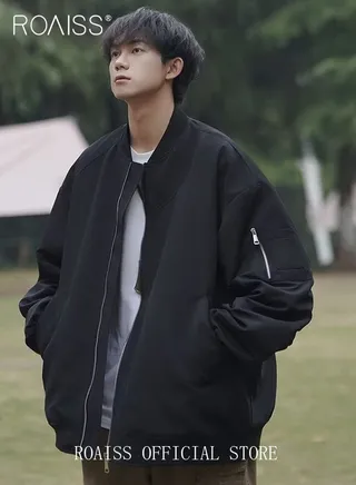Retro Baseball Jacket for Men Stylish Solid Color Design Men's Loose Fit Pilot Jacket 