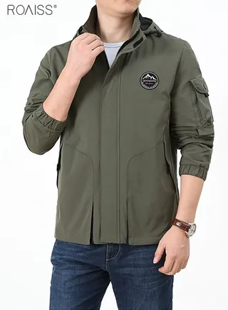 Men's Outdoor Windproof Hooded Jacket Multi Pocket Detachable Hat Coat Zipper Closure Waterproof Sports Jacket 
