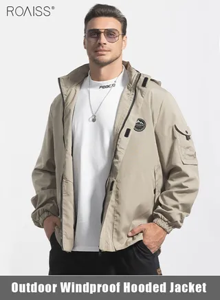 Men's Outdoor Windproof Hooded Jacket Multi Pocket Detachable Hat Coat Zipper Closure Waterproof Sports Jacket 