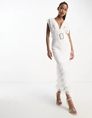 ASOS DESIGN square plunge faux feather hem midi dress with diamante belt in white