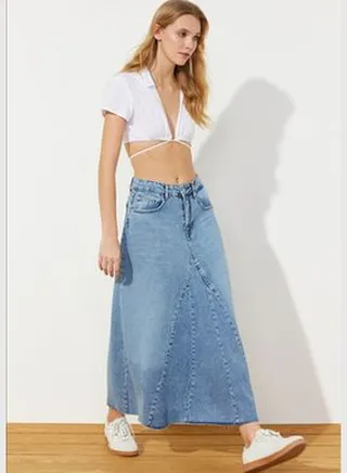 Blue Flounce Stitch Detail High Waist Maxi Denim Skirt TWOSS24ET00012