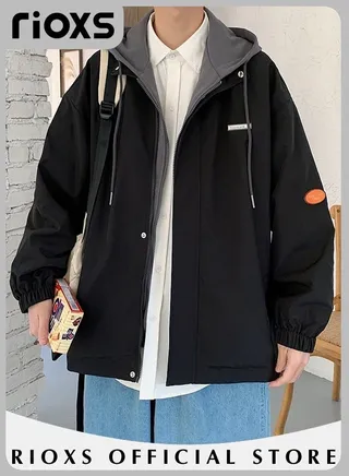 Men's Autumn Crew Hooded Lined Full Zipper Jacket Lightweight Waterproof and Windproof Oversize Outdoor Jacket 