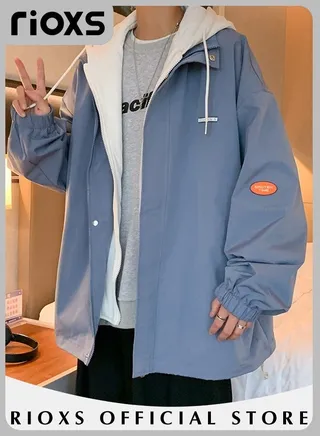 Men's Autumn Crew Hooded Lined Full Zipper Jacket Lightweight Waterproof and Windproof Oversize Outdoor Jacket 