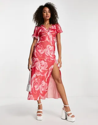 ASOS DESIGN cape sleeve bias midi dress in pink floral print