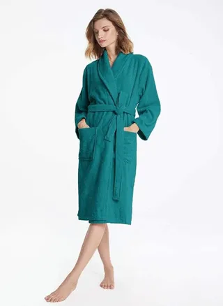 Peacock Green Colour Terry Check Design  Bathrobe XXXL Size with Double Front Pockets 