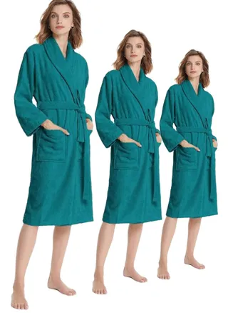3 Pieces Peacock Green Colour Terry Check Design  Bathrobe XXXXL Size with Double Front Pockets 