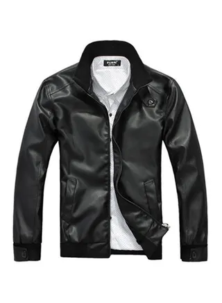 Solid Stand Collar Biker Jacket Black 