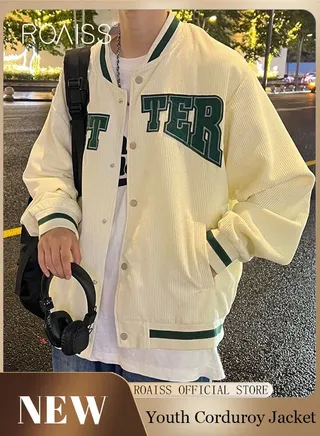 Men Baseball Jacket Spring Autumn Uniform Jackets Fashion Oversized Graphic Striped Trim Drop Shoulder Corduroy Varsity Jacket Preppy Striped Stand Collar Jacket 