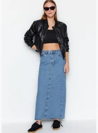 Blue Cut Out High Waist Maxi Denim Skirt TWOSS24ET00040
