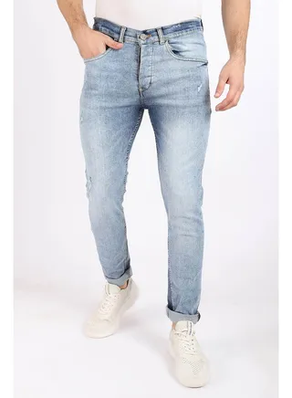 Slim Fit Cotton Jeans With Scratches Blue 