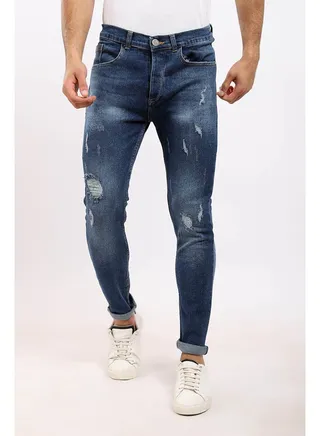 Buttoned Jeans With Front Ripped Blue 