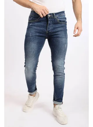 Slim Fit Cotton Jeans With Scratches Blue 
