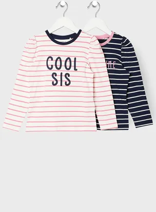 Kids 2 Pack Striped Slogan T-Shirt 