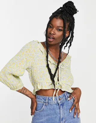 Stradivarius STR ruffle blouse in green floral print