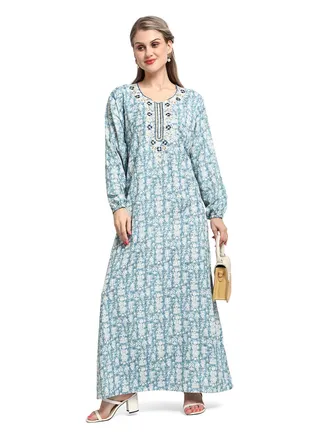 FLORAL EMBROIDRED BLUE COLOUR WITH PRINTED ARABIC KAFTAN CASUAL JALABIYA DRESS 