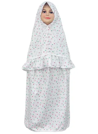 Islamic Girls Pray Khimar Two Pieces Sets Cotton Dress Hijab Abaya Floral Suit 